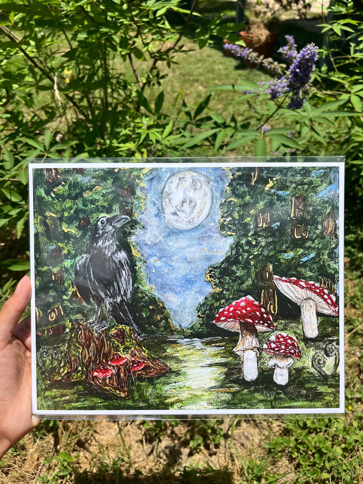 Crow and Mushrooms print