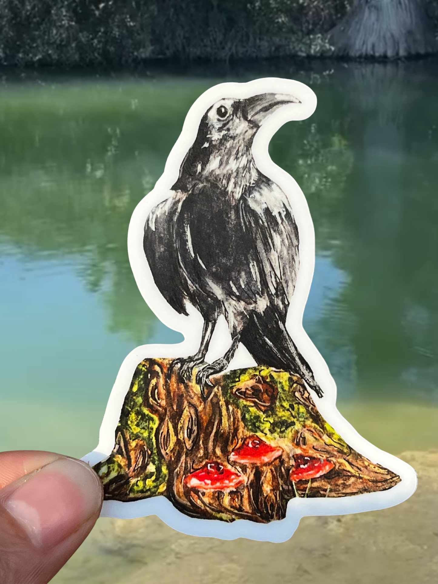 Crow on tree stump sticker