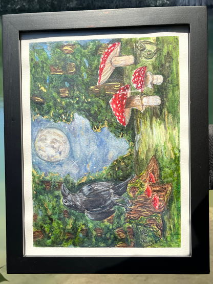 The Crow and Amanita FRAMED Original (not a print) watercolor painting