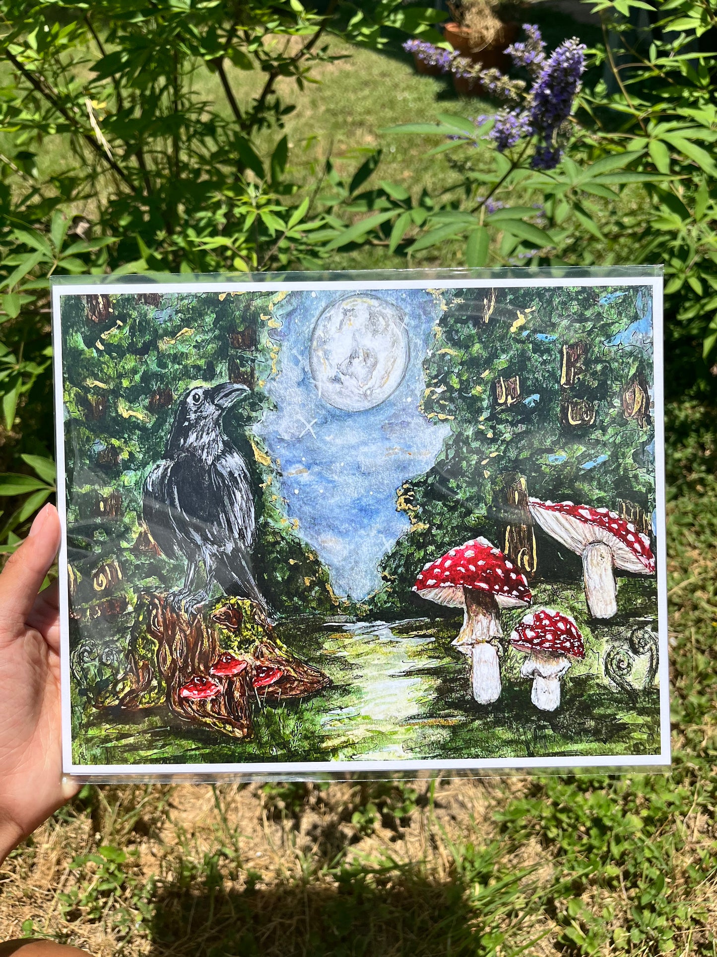 Crow and Mushrooms print