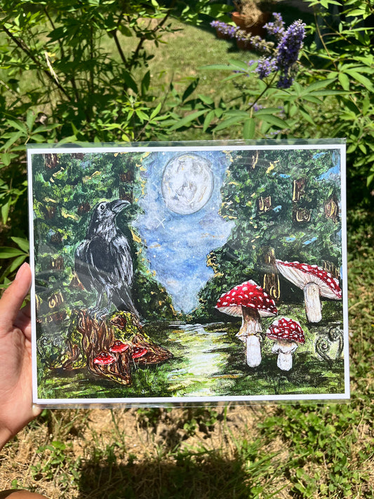 Crow and Mushrooms print