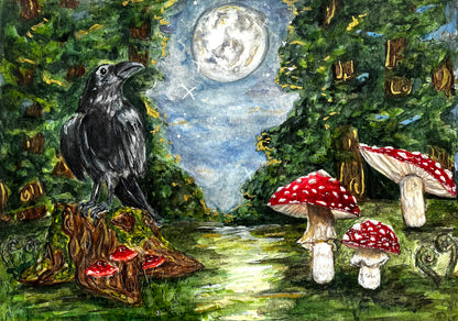 The Crow and Amanita FRAMED Original (not a print) watercolor painting