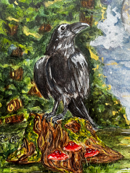 The Crow and Amanita FRAMED Original (not a print) watercolor painting