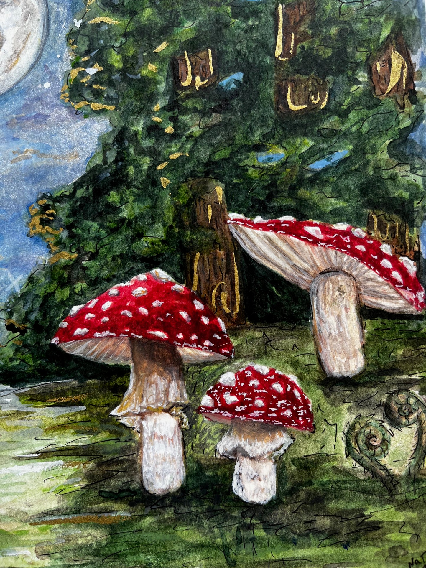 The Crow and Amanita FRAMED Original (not a print) watercolor painting