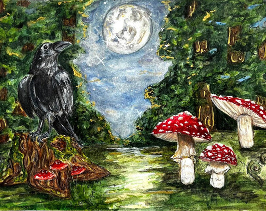 The Crow and Amanita FRAMED Original (not a print) watercolor painting